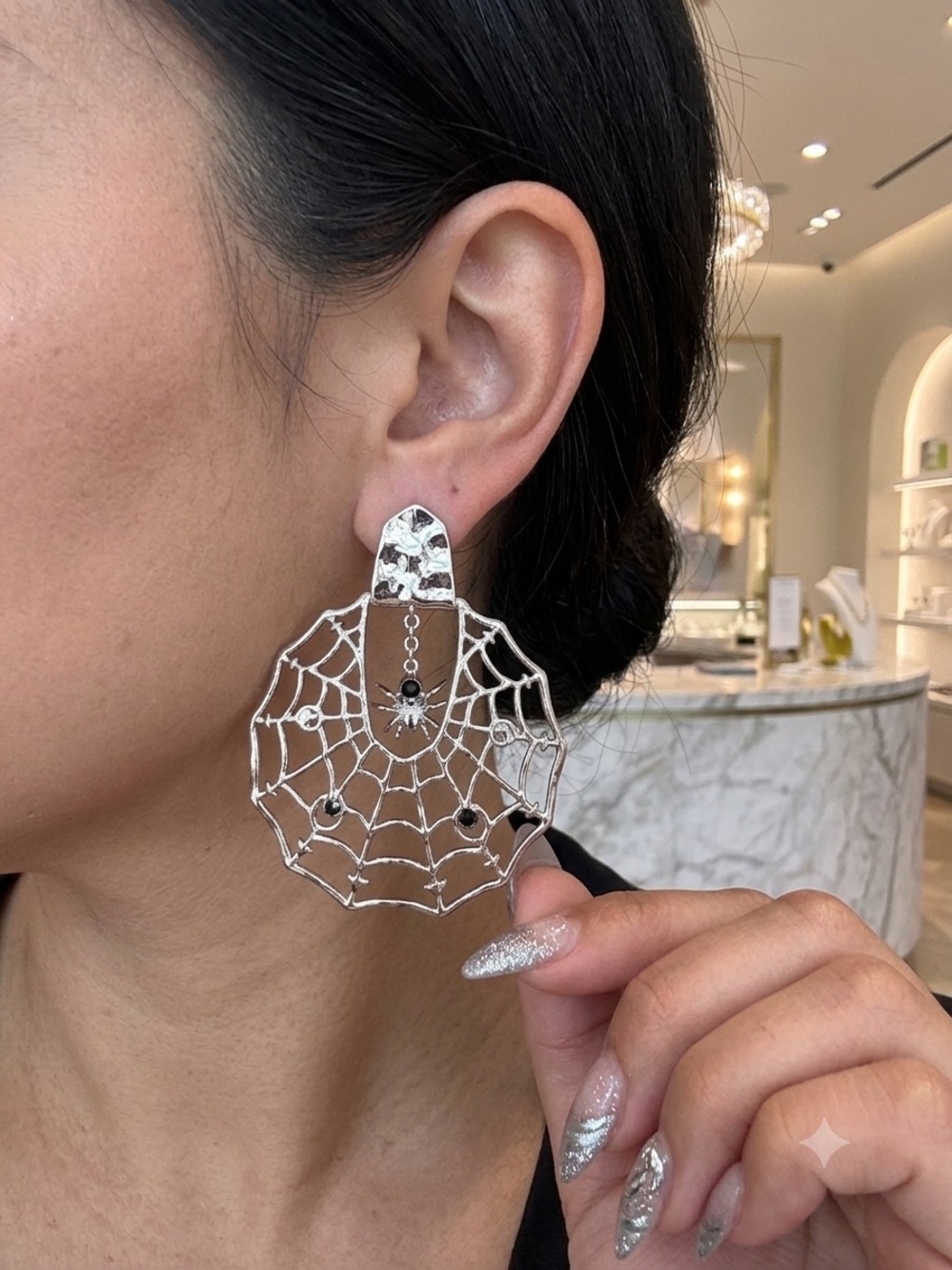 Kendra Scott spiderweb earrings feature silver-tone metal and black crystals NEW